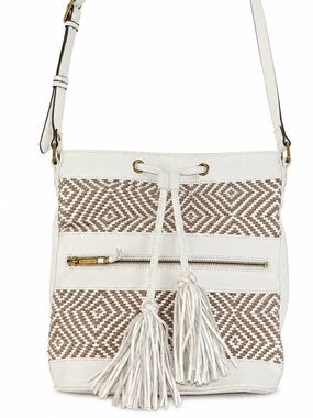 Elliott Lucca White Leather Woven Tassel Crossbody Bucket Bag Boho